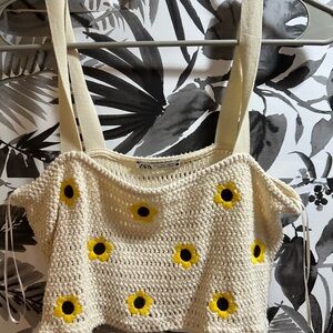 Zara L Cream Crochet Crop Top with Yellow Floral Accents